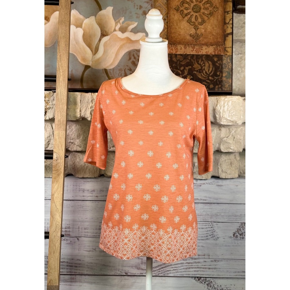Loft Outlet Soft Orange Floral Border Print Cotton Elbow Sleeve Top Small